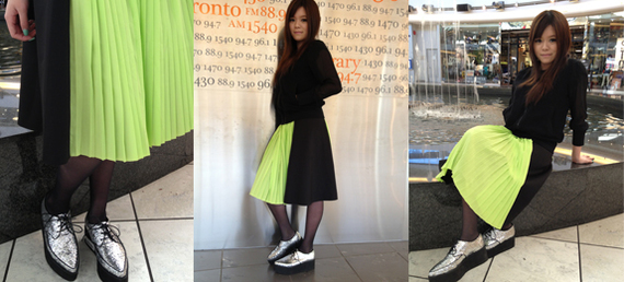 Bonded fabric skirt x ctn modal jsy+mesh tee x loose tenny+chiffon x vanilla suite wedge shoes , All by Izzue
