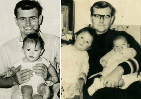 和爸爸攝於新加坡，圖右之嬰兒為 Deborah 妹妹。