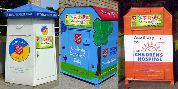 左起：舊款救世軍寒衣收集站、新款救世軍寒衣收集站	、救世軍與BC省兒童醫院合作的寒衣收集站