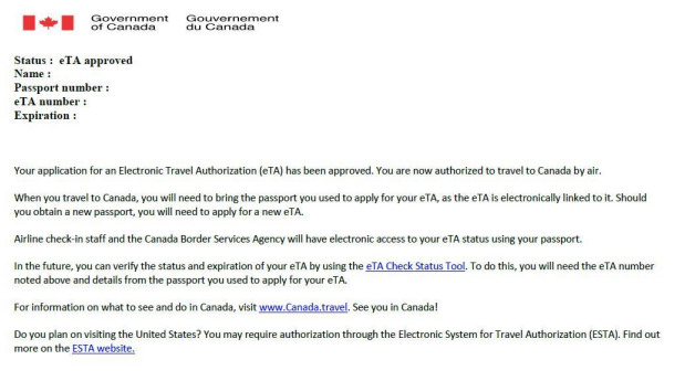 申請 eTA 獲得批准的公文，以電郵的形式寄到申請人的電郵信箱。