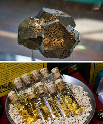 （上）這家礦廠當年曾挖得黃鐵（Pyrite），有點像黄金。（下）淘金不成？沒關係，歡迎你買這些瓶裝的金碎作為紀念品。