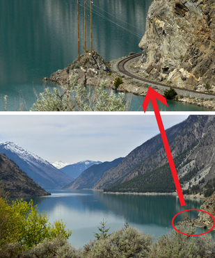 Lillooet 南端的 Lake Seton，現在是水力發電庫，而湖的右岸可見本省第一條鐵路的其中部份（上圖）。