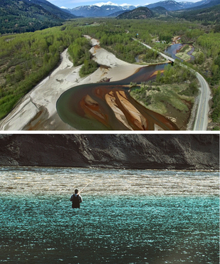 （上）Duffey Lake Road 南端的淺灘被含鐵的河水染成棕色。（下）灰色的 Fraser River 河水及藍綠色的 Lillooet River 河水滙聚在 Lillooet，製造不一樣的雙色河。