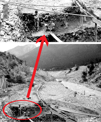在地斜開放的河邊，淘金客會用長水槽來作洩水法淘金。（BC Archives c-00752）