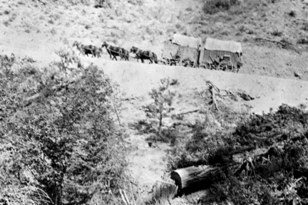 當年的貨物需用上 30 日始能走畢 Cariboo Wagon Road 全程。（BC Archives d-08071）