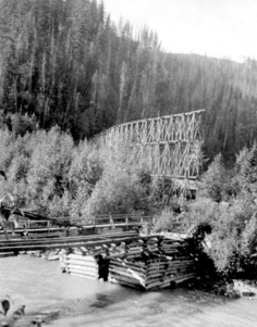 當年初築的鐵路基於成本，全用木橋。（BC ARCHIVES d-07983）
