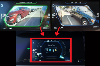 全液晶儀錶盤兩旁的黑洞其實是一對多功能顯示器，車旁左右景物可透過鏡頭顯示於儀錶盤中央。