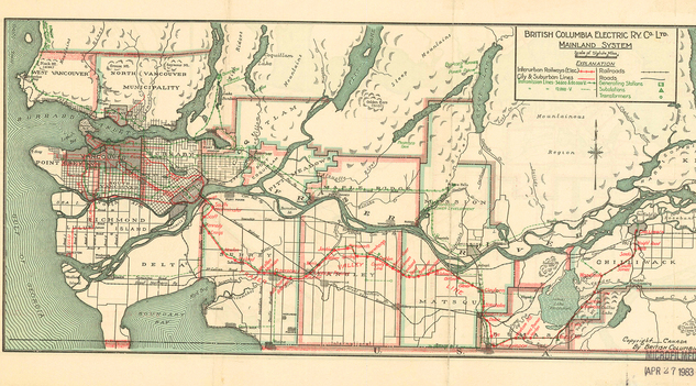 1923 年 BCER 服務網絡巳廣達 1,500 平方哩，圖為溫哥華至內陸的有軌電車路線。（City of Vancouver Archives）