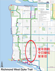 當年「Sockeye Special」所行走的 Railway Road 路軌現已被發展成行人單車專用徑，也就是紅圈中的 Railway Greenway，按圖可放大觀看。
