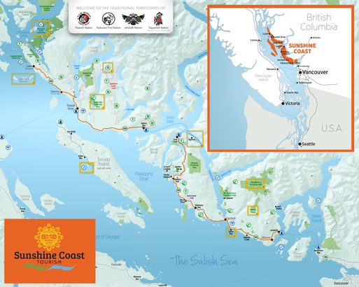 按圖可連結 Sunshine Coast Tourism 的旅遊路線地圖，又或到 https://sunshinecoastcanada.com/plan-your-trip/maps/ 瀏覽其他旅遊路線。