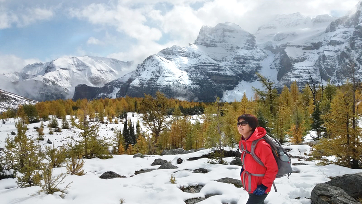 Larch Valley 金黄秋色還有藍天雪峰做背景。