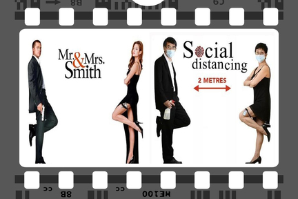 圖左：Brad Pitt＆ Angelina Jolie 於電影《Mr. & Mrs. Smith》中的造型；圖右：文楓和 Celina (粵語節目部)。
