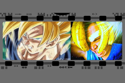 圖左：日本漫畫《七龍珠》中，悟空變身成為黃髮的超級賽亞人 ；圖右：黃慧聰（左腳）(新聞部)。