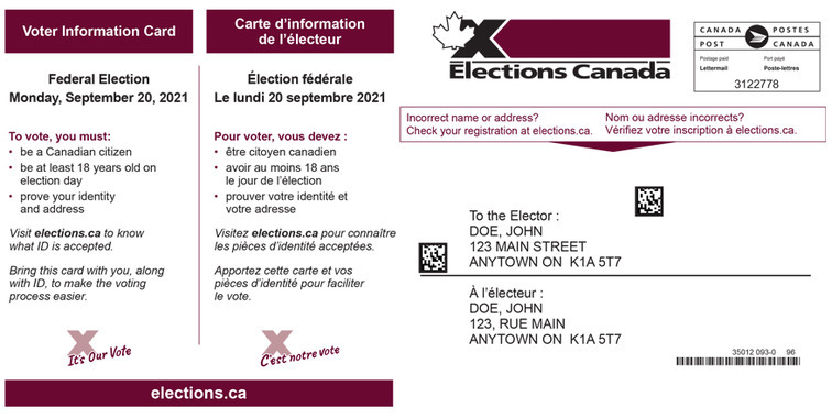選民卡正面有投票人的名字和地址，請核對無誤。
