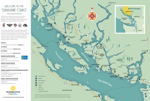 按圖可直達 Sunshine Coast Canada 官方旅遊網頁的「Travel Guide and Maps」欄目，其中「Sunshine Coast Regional Map」正是原地圖，可放大觀看及下載，還有 Northern Sunshine Coast 及 Southern Sunshine Coast 的獨立地圖。