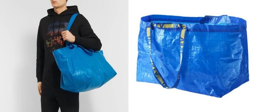 時尚界常有這類玩味手袋出現，巴黎世家 Balenciaga 在 2017 年推出過一款藍色手提袋，與 IKEA 的藍色環保購物袋非常相似，曾一度成為時尚熱話。