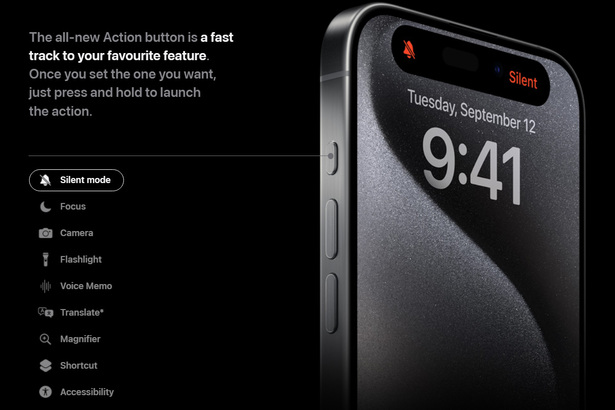 iPhone 15 Pro / Pro Max 還將左側的靜音撥片改成了可定制的 Action Button 按鍵，加入了更多可以自定義的便捷操作，但該設計僅支持 Pro 機型。(Photo by Apple)