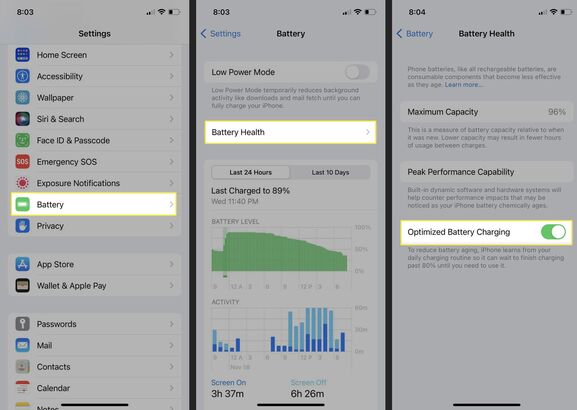 想延長 iPhone 電池壽命，建議開啟 iPhone 內置的「最佳化電池充電」功能：1/ 開啟 iOS 內建「設定」，並且選擇「電池」後，點入「電池健康度與充電」頁面。2/ 在該頁面內點選「充電最佳化」，就可讓透過 iPhone 機器學習方式，分析用戶日常充電習慣，自動判斷限制 80% 與充飽電時間。
