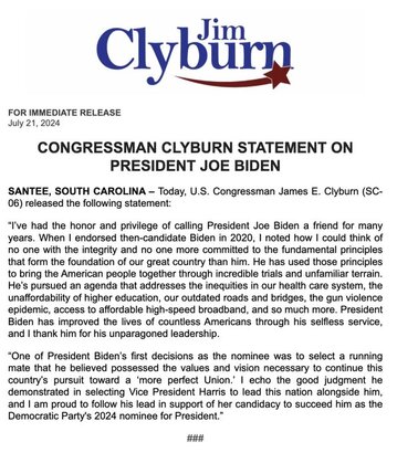 Jim Clyburn支持賀錦麗接替拜登