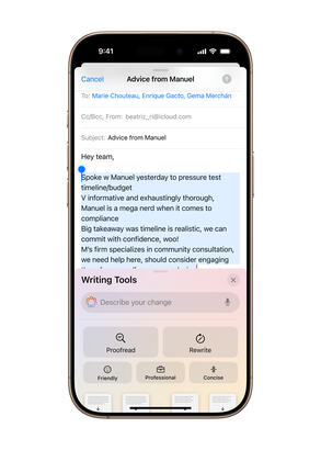 全新蘋果人工智能系統Apple Intelligence，助用家書寫和表達，輕鬆辦妥各項事情。（蘋果公司提供圖片）