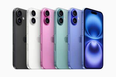 iPhone 16機背採用玻璃，提供黑色、白色、粉紅色、湖水綠色、群青色。（蘋果公司提供圖片）