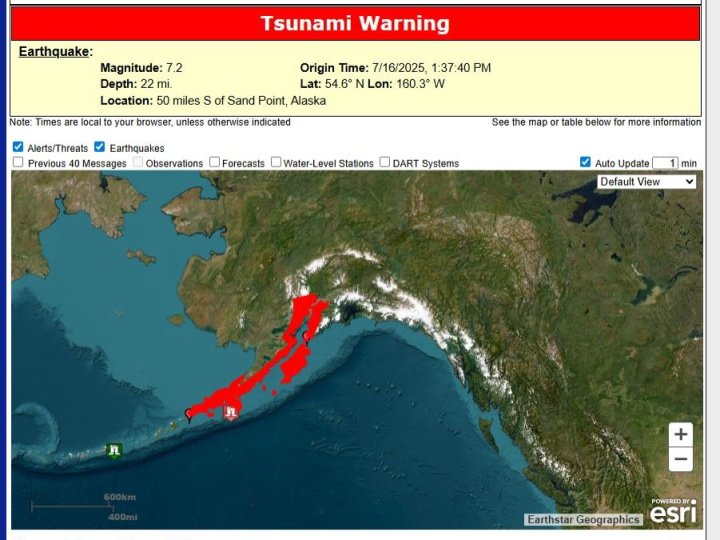 阿拉斯加對開7.2級地震 美國發海嘯警報