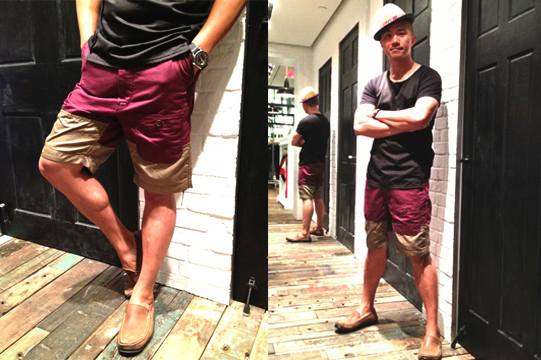 paisley/denim hat  by izzue X woven patch pocket tee by izzue X nylon patch shorts by izzue X brown loafer