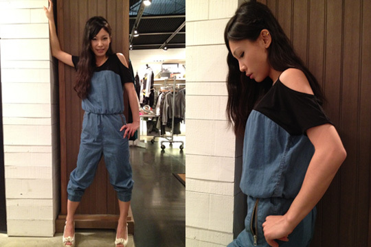 chambray & mesh jumpsuit by izzue X white summer wedge sandals