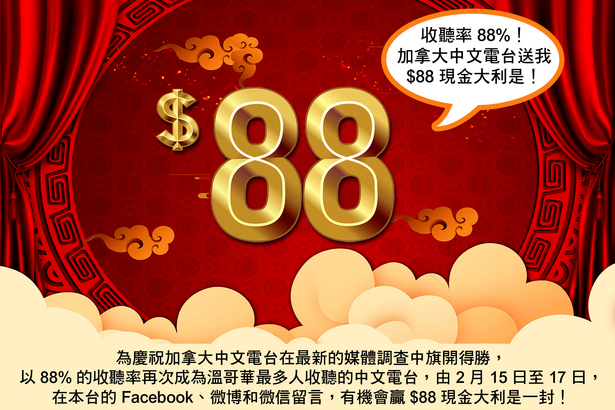 Social media game 收聽率 88%！加拿大中文電台送我 $88 現金大利是！