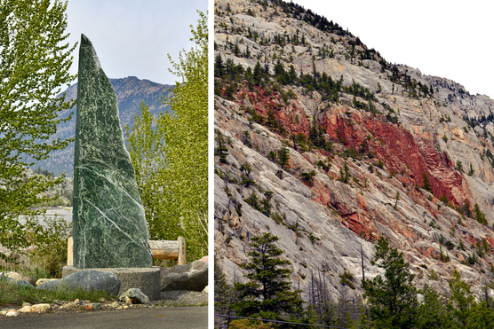 （左）Lillooet 玉石蘊藏多，連路旁也竪起綠玉礦石作招徠。（右）99 號公路北端的 Fraser Canyon 亦礦物豐富，所以石崖均五彩繽紛。