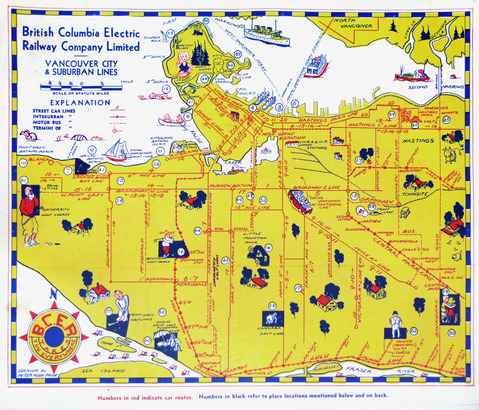 1930 年代 BCER 印製給遊客使用的溫市觀光地圖，當年連接西溫的獅門橋仍未動工。（Vancouver Public Library）