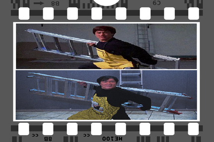 圖上：成龍在電影《警察故事 4 簡單任務》中飾演高級督察陳家駒，用人字梯對付壞人，成為經典的打鬥場面；圖下：Danny Chung (工程部)。