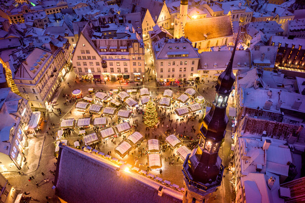 聳立在 Tallinn 舊城市政鐘樓屋頂之 Old Thomas 守護箭手風向標，傲視著熱鬧的聖誕市集。(christmasmarket.ee)