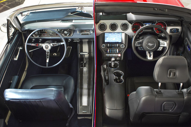 反映汽車設計進化的首代（左）及今代（右）Mustang 駕駛艙。(Photo from Ford)