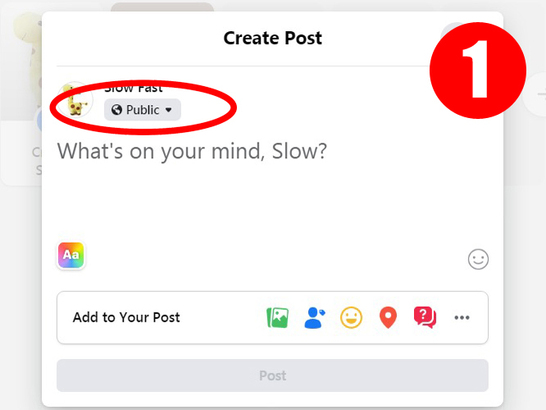 1. 登入自己的 facebook，在 Create Post (建立帖文) 時，按圖中有地球標誌或寫著「Public」的灰色小按鈕。