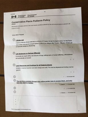 三名聯邦保守黨國會議員候選人在社交平台上，分享一份據稱是政府文件的圖片，聲稱有關文件旨在影響囚犯投票反對聯邦保守黨。（@RealRonChhinzer社交平台截圖）